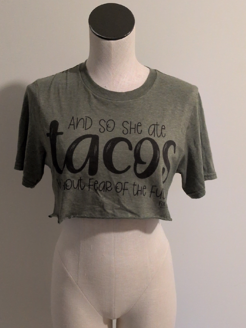 Olive Green Cropped Graphic Tee - "And So She Ate Tacos"